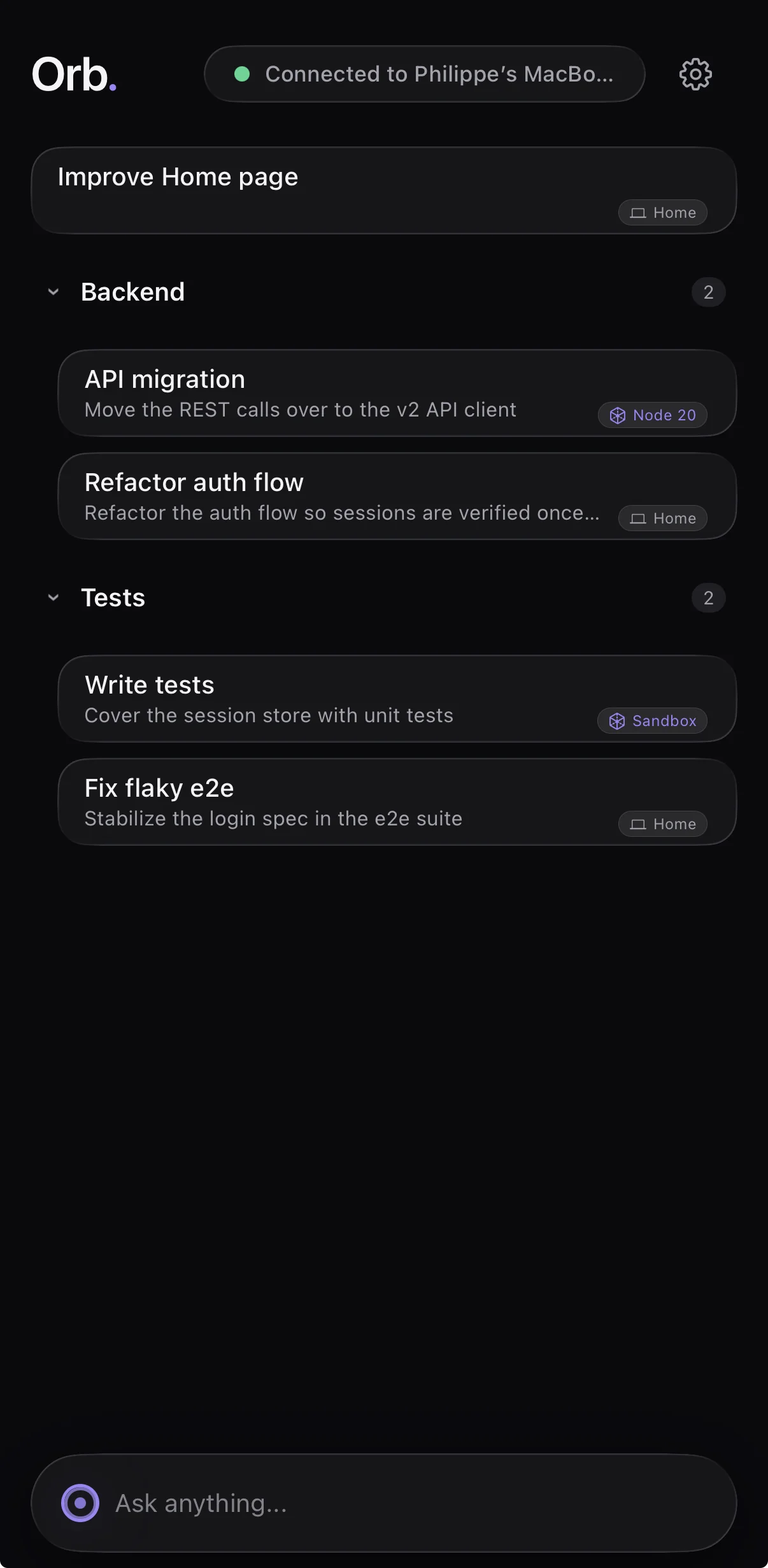 Orb Mobile on iPhone, paired with the Mac: the same session list with live status, ready to open any terminal